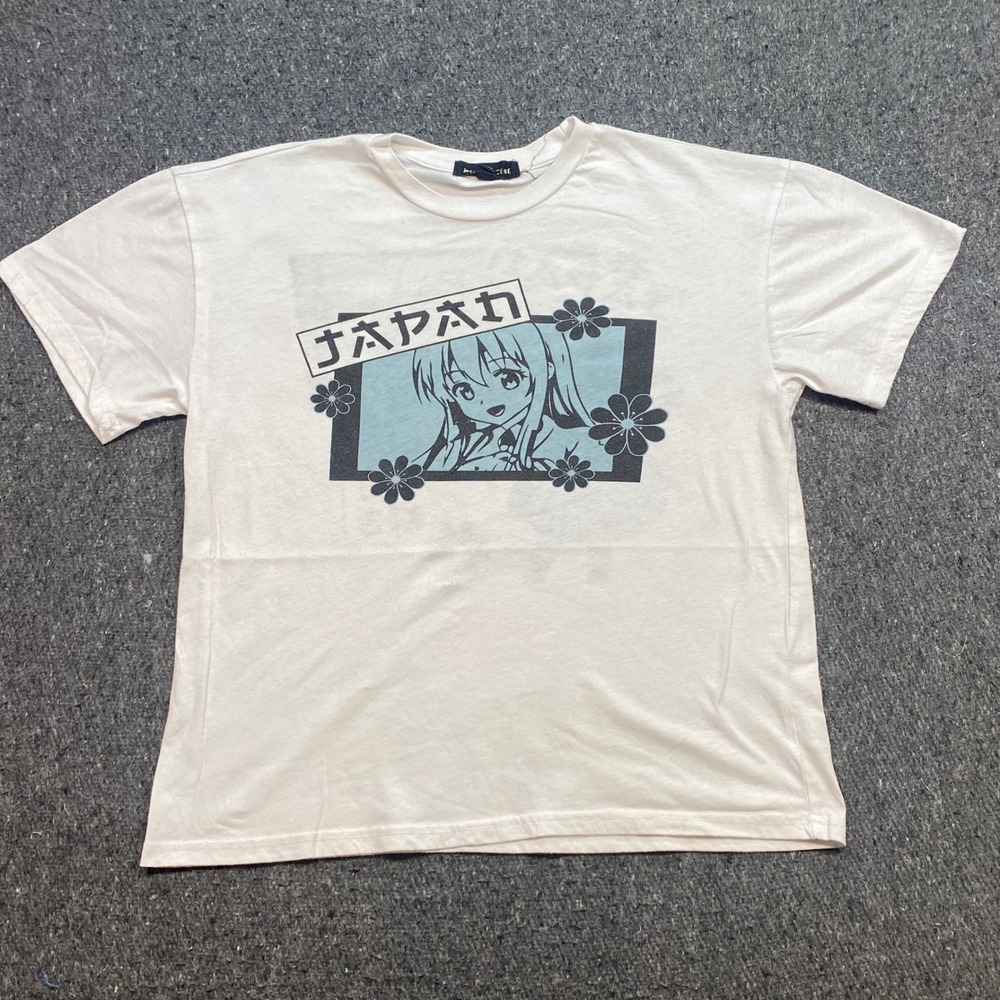 Social Scene Anime Graphic TShirt Sz XS Womens White Harajuku Kawaii Manga Girl